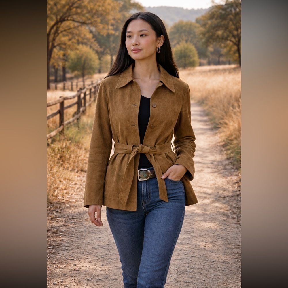 Suede VINTAGE Outer Edge TAN SUEDE BELTED LEATHER TRENCH COAT size L.